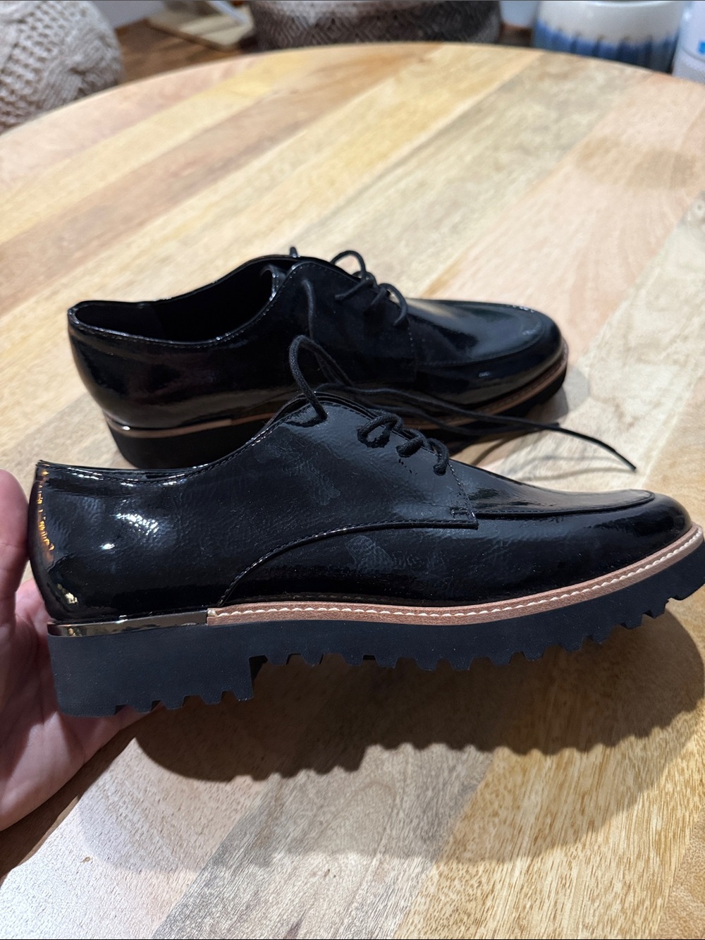Franco Sarto Black Patent Lace-Up Derby with Tan Welt